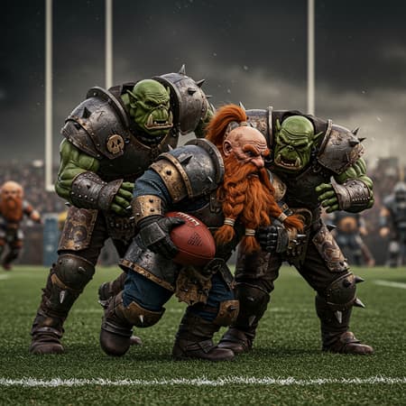 Dynamic realistic photograph of a fantasy football field featuring orks and dwarfs, shot with a 1000mm f/1.2 lens highlighting highly detailed skin textures in a full-body shot. The scene captures the orks and dwarfs in an intense tackle, with their determined expressions and intricate armor designs. The rugby ball is weathered, adding authenticity to the moment. The background conveys a dramatic atmosphere, contrasting with the vividness of the characters. Focus on capturing the raw energy and dynamic movement, avoiding any notions of uninspired or badly drawn elements. Dynamic realistic photograph of a fantasy football field featuring orks and dwarfs, shot with a 1000mm f/1.2 lens highlighting highly detailed skin textures in a full-body shot. The scene captures the orks and dwarfs in an intense tackle, with their determined expressions and intricate armor designs. The rugby ball is weathered, adding authenticity to the moment. The background conveys a dramatic atmosphere, contrasting with the vividness of the characters. Focus on capturing the raw energy and dynamic movement, avoiding any notions of uninspired or badly drawn elements.