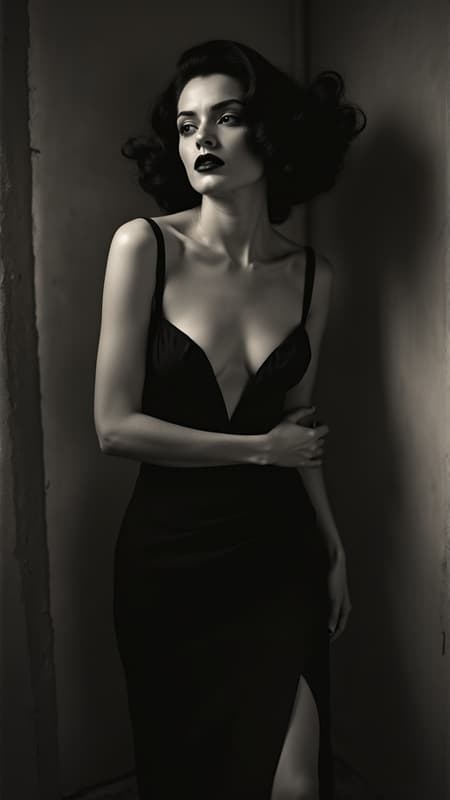 Vintage noir photograph, alluring woman captured in the essence of Robert Coburn's style, soft focus, infused with an element of mystery and unpredictability, elongated composition, with a sophisticated artistic flair, imbued with film noir drama and elegance.
