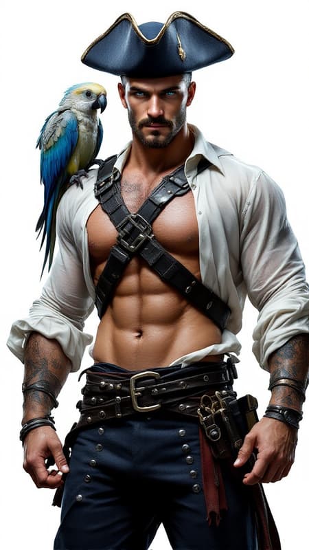 Sci-Fi, futuristic hero. Swashbuckler, space pirate, handsome intergalactic buccaneer. Tall, muscular, sinewy, big muscled, perfect physique. Broad chest, wide shoulders and back, narrow waist, muscular thighs and legs. Hirsute hairy chest, arms and legs. Handsome masuline rugged face with lapis-blue eyes, strong brow, squared jaw. Narrow mustache with soulpatch on face. He has a warm, sexy smile. Short dark brown curly fade with close cut on sides and back, longer curls on top. Dark blue tricorn pirate hat with silver grommets,and a white feather plume on the side. Black leather harness with silver buckle strapped across his chest. A loose-fitting sheer silky white long sleeved shirt with sliver threads, open to reveal his hairy chest. A wide black leather belt with silver studs around his waist. Tight dark blue pants with silver grommets down the sides tucked into knee-high black leather bucket boots. An alien parrot with multi-colored glowing neon feathers sits on his shoulder while his spaceship fires up for his next adventure. Full body pose, lookingbdashing and handsome. {{{MASTERPIECE}}} Sci-Fi, futuristic hero. Swashbuckler, space pirate, handsome intergalactic buccaneer. Tall, muscular, sinewy, big muscled, perfect physique. Broad chest, wide shoulders and back, narrow waist, muscular thighs and legs. Hirsute hairy chest, arms and legs. Handsome masuline rugged face with lapis-blue eyes, strong brow, squared jaw. Narrow mustache with soulpatch on face. He has a warm, sexy smile. Short dark brown curly fade with close cut on sides and back, longer curls on top. Dark blue tricorn pirate hat with silver grommets,and a white feather plume on the side. Black leather harness with silver buckle strapped across his chest. A loose-fitting sheer silky white long sleeved shirt with sliver threads, open to reveal his hairy chest. A wide black leather belt with silver studs around his waist. Tight dark blue pants with silver grommets down the sides tucked into knee-high black leather bucket boots. An alien parrot with multi-colored glowing neon feathers sits on his shoulder while his spaceship fires up for his next adventure. Full body pose, lookingbdashing and handsome. {{{MASTERPIECE}}}