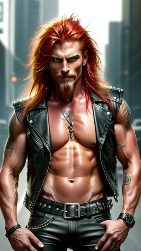  Heavy Metal/Hard Rock, motorcycles. Male motorcycle/biker gang member. Mature man, sexy, attractive, virile. Handsome face, strong brow and jaw, thin red goatee, jade green eyes. Surly grin. 
 Hypermasculine, manly, very tall, muscular, big muscled, sinewy, broad chest, narrow waist, big biceps.  Long wild locks of flaming red hair, side parted. Slightly hairy chest, tattoos on arms and chest. Black leather vest, open and exposing chest. Black leather pants and boots, studded belt around waist.  Leaning back, legs open, huge crotch.  Full body pose. 