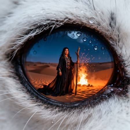Photoreal cinematic macro close up of a white furred animal eye, dense soft white fur filling the frame with visible strands and subtle moisture, glossy cornea with tiny water droplets and sharp specular highlights, shallow depth of field and heavy bokeh, the pupil acts like a mirror showing a female shaman standing in a vast desert, flowing dark robes and ritual jewelry, calm intense gaze, holding a wooden staff, a bright fire burning behind her and casting warm orange light and sparks, rippling heat haze over sand dunes, twilight sky fading to deep blue, dramatic contrast between cool eye tones and warm fire glow, ultra detailed textures, 100mm macro lens look, cinematic lighting, high resolution, mysterious spiritual mood, high detail.