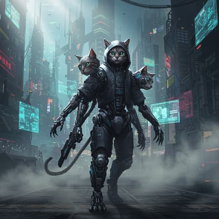 A stunning illustration of a cybernetic feline hacker in a futuristic cityscape, its sharp features illuminated by volumetric fog and godrays piercing through the high-tech environment. The scene bursts with high contrast, vibrant and vivid colors, showcasing intricate details of the feline's sleek, multi-headed and multi-bodied form. Inspired by the styles of Greg Rutkowski, Jesper Ejsing, Raymond Swanland, and Alena Aenami, this artwork is designed for a featured ArtStation piece, capturing a wide-angle and vertical orientation to emphasize the grandeur of the cybernetic realm.