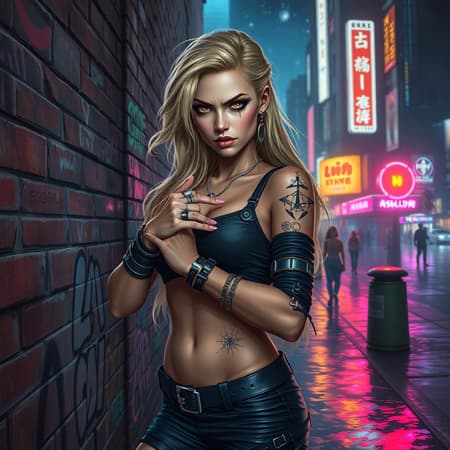 Generated Woman Stands A cyberpunk woman stands confidently against a graffiti-adorned brick wall in a vibrant city street at night, illuminated by the glow of neon city lights and the distant shimmer of stars. Her dynamic pose exudes strength and attitude, accentuated by her scowling expression. She boasts long, flowing blonde hair and a detailed, symmetrical face adorned with makeup and a small face tattoo. Her short, punk-inspired outfit features long sleeves, numerous rings, and bracelets, complemented by multiple ear piercings. Reflective eyes hint at her rebellious spirit.
The scene is enveloped in dramatic chiaroscuro lighting, with rim lighting accentuating her features. The cityscape blends futuristic elements with an impressionistic style reminiscent of masters like Waterhouse and Constable, and contemporary artists like Jeremy Mann and Atey Ghailan. The setting evokes the magic of a Makoto Shinkai film, with a moody atmosphere captured through high-detail and intricate brushwork.
The background hints at a lake or river reflecting the kaleidoscope of city lights, while the overall composition avoids elements like extra limbs, poorly drawn features, or any distracting anomalies. Instead, it presents a seamless, captivating portrait of a cyberpunk heroine in her vibrant urban environment, inspired by the artistic styles trending on platforms like ArtStation and CGSociety.