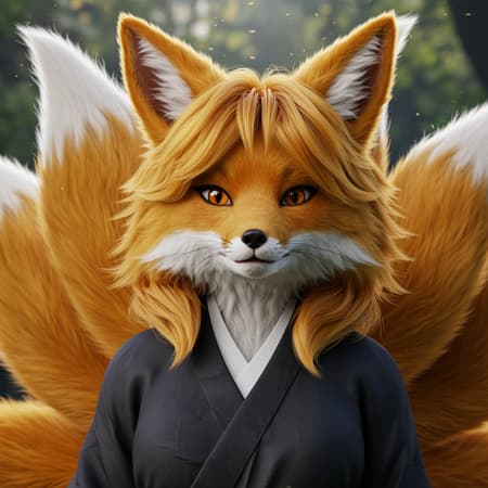Fluffy nine-tailed fox girl, hyper-realistic and professional, captured in 8k resolution with soft natural lighting, featuring CGI elements blended seamlessly. This 3D portrayal incorporates a blend of doll-like features with cartoon and anime influences, expertly transitioned into a detailed digital painting. The illustration highlights lifelike textures with slight skin imperfections like natural skin spots and subtle blemishes, adding to its authenticity. Despite minor jpeg artifacts and low-resolution areas, overall anatomy is creatively stylized while maintaining the character's mystical essence.