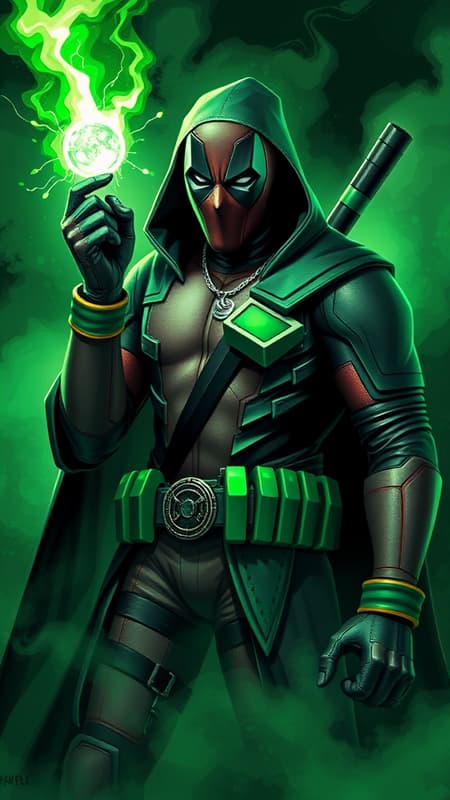 Wizard Deadpool infused with Psychic Energy, shrouded in dark mist, depicted in Craig McCracken's unique style, featuring glimmering, polygonal shapes, with a hyper-realistic touch, all in a green monochrome palette.