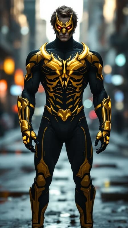 Spooky superhero of the city streets. Masculine Caucasian male with brown hair. Medium height, muscular, thick muscled, athletic build. Brown hair, fade hairstyle longer on top. His superhero costume is non-reflective black, form fitting spandex. There is a golden-yellow exoskeleton overlay on his costume, bone graphics over his legs, pelvis and arms. His torso has a golden-yellow demon-like face on the chest, glowing ruby red eyes and an open mouth. The face on the chest and torso blend into ho Spooky superhero of the city streets. Masculine Caucasian male with brown hair. Medium height, muscular, thick muscled, athletic build. Brown hair, fade hairstyle longer on top. His superhero costume is non-reflective black, form fitting spandex. There is a golden-yellow exoskeleton overlay on his costume, bone graphics over his legs, pelvis and arms. His torso has a golden-yellow demon-like face on the chest, glowing ruby red eyes and an open mouth. The face on the chest and torso blend into ho
