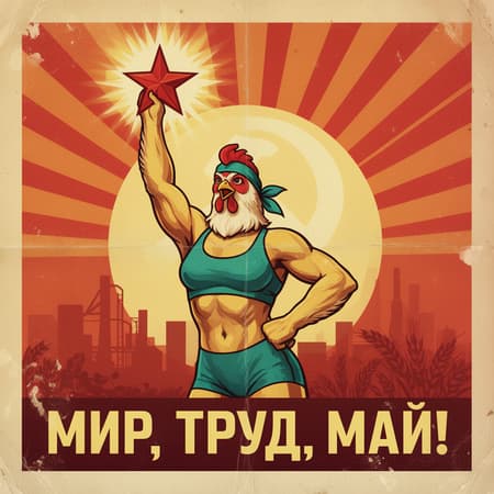 Muscular Anthropomorphic Chicken Holding Glowing Star Vintage Soviet propaganda poster, featuring an anthropomorphic chicken character, muscular and determined, holding a glowing red star aloft with one hand raised. She wears a teal sports bra, matching bandana, and shorts. The background is a simplified sunburst of red and orange rays emanating from a light yellow circle containing a faint hammer and sickle. Below, a dark red banner reads "МИР, ТРУД, МАЙ!" (Peace, Labor, May!) in yellow text, with subtle industrial and agricultural silhouettes. The art style is bold, graphic, and illustrative, with strong outlines and flat colors, mimicking a classic socialist realism poster. The mood is empowering and revolutionary. The poster has a distressed, aged paper texture with creases and stains.