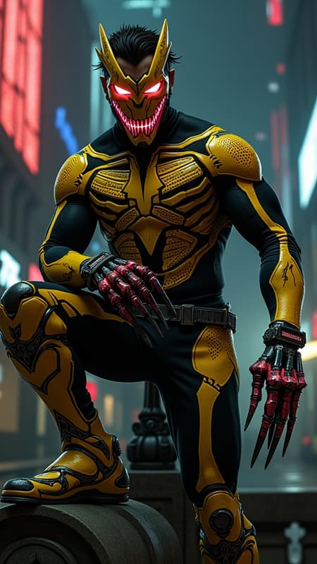 Super-hero, vigilante anti-hero, spooky. cinematic composition, urban noir atmosphere. Athletic Caucasian male, muscular husky build, 5'10", wearing a formfit spandex tactical stealth suit in matte black nano-fabric. Ornate yellow-gold skeleton graphic design overlay across limbs, anatomically accurate bone patterns with glow-in-the dark. Yellow-gold combat boots rising to knees with aggressive V-cutout, deep crimson titanium toe caps. Armored gauntlets in metallic yellow-gold reaching elbows, featuring crimson finger-tips with retractable diamond-tipped claws. Custom electroshock weapon system generating vivid red lightning effects, 32k resolution electricity details.

Chest armor features intimidating demon-face design: yellow-gold base with cut-out revealing matte black underlayer forming ribs, centered by menacing grin with sharp blood-red metal teeth. Upper chest includes glowing crimson LED eye shapes, shoulders sculpted into sharp horn-like points. Tactical neck guard in stealth black nanoweave, flowing into yellow-gold face mask with aggressive V-shape design. Mask features geometric black jaw section and prominent crimson V-shaped visor with internal illumination, creating threatening eyes effect. Modern  short fade hairstyle with dark brown top length styled sideswept. 

Dynamic pose showing figure perched on gothic architecture, photographed from dramatic low angle. Moody nighttime urban setting with neon accent lighting, volumetric fog effects. Ray-traced reflections on metallic elements, cinematic color grading emphasizing deep shadows and selective highlights. Photorealistic materials and textures, 8k resolution, octane render, ultra-detailed, studio lighting with practical effects.