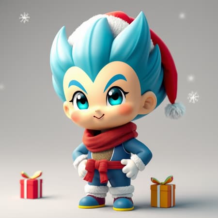 Vegeta wearing a festive Christmas-themed outfit, designed in a cute chibi style, rendered in 3D, featuring a playful holiday hat and cheerful expression, surrounded by twinkling snowflakes and tiny gift boxes.