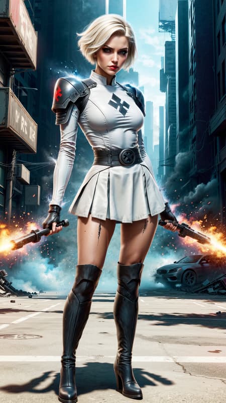 Sci-Fi dystopian world. Supervillain; she is their secret weapon and enemy to humanity, a member of the Neo-Nazi party. Genetically engineered to be a soldier and a telepath, she can read minds, attack minds, mind control, and influence peoples worst behavior, especially hate. She can draw large crowds and whip them into a fervor. She is also a fighter, and carries electrically charged throwing throwing stars shaped like swastikas. They explode when they hit their target. 
Caucasian female of German descent, Nordic good looks. Tall, slim but shapely, athletic, strong, fortitude. Pale blonde hair, pixie hairstyle cut very short on the sides and back, longer on top and flipped over one eye. (((Short hair))) Icy blue eyes with long lashes, intense stare looking into your mind. High cheekbones and full lips, very modelesque, dark red lipstick. She hardly ever smiles--- when she does, it's for all the wrong reasons. Her uniform is a white long sleeved spandex shirt with red stripes down the outside sleeves sides of the torso. There is a big red swastika on the front of the shirt-- she displays it proudly, unashamed. Black leather bracers on her arms, black shoulder pads, and black leather belt that meets in a V-shape at her waist. A form-fitting mid-thigh white skirt with red stripes down the sides. Sheer white leggings on shapely legs, and knee-high shiny black leather boots, high heeled but sturdy. She usually wears a shiny gold swastika pin somewhere on her person...she is unashamed. Full body pose, sending out brain waves to all that will hear..... 