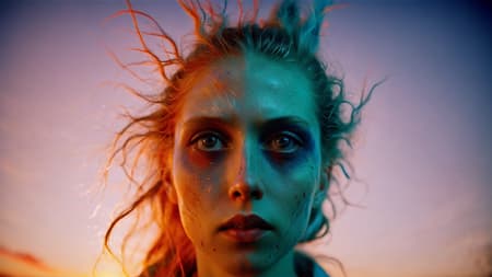 solarized, award-winning photography portrait style, (weird:1.3), minimalism. In the style of dramatic documentary portrait photography, Shawna Jackson, large format, film grain, Superia X-TRA 400 film still