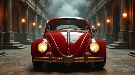 A gleaming modern red Volkswagen Beetle, intricately designed with a steampunk aesthetic, stands proudly in the grand halls of an ancient, opulent palace. The car's exterior is adorned with brass gears, copper pipes, and intricate clockwork details that shimmer under the dull glow of its luminous headlights. The vehicle's polished surface reflects the ambient light, creating an ethereal halo in the dimly lit space. All around, a mysterious, swirling fog whispers through the palace's grand arches, casting elusive shadows on the stone floor. The atmosphere is a blend of enigmatic elegance and cozy familiarity, reminiscent of a scene painted by Artgerm, where the warmth of hygge meets the allure of the extraordinary.