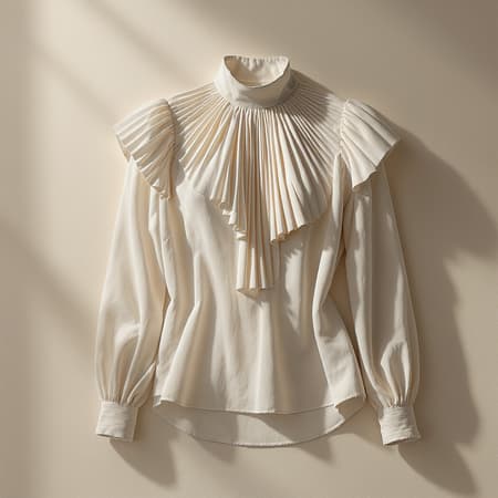 Front view of a blouse design, showcasing a high neckline and elegant pleats starting from the shoulders, designed by Cristobal Balenciaga, with a neutral color palette, exhibiting the soft interplay of crepuscular rays on a clean, beige background, rendered in Octane and V-ray. The design incorporates subtle texture variations for a modern twist, highlighted by gentle shadows to convey depth and sophistication, while maintaining the essence of Balenciaga's classic yet innovative style, without the use of a mannequin.