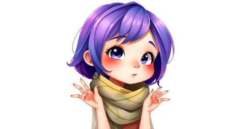 A cartoon character with vibrant purple hair and a cozy scarf wrapped around her neck. She stands against a simple white background, giving her a classic, clean profile. Her design is inspired by watercolor paintings, with soft and fluid colors that create a gentle and artistic feel. Her skin is delicately painted, highlighting natural features with subtle skin spots, giving her a relatable and human-like quality. The backlighting adds a touch of warmth and depth to her character. In her playful expression, her hands are elegantly drawn, with attention to detail, capturing a sense of motion and life. Her youthful and imaginative aura is accentuated through a unique blend of style and creativity.