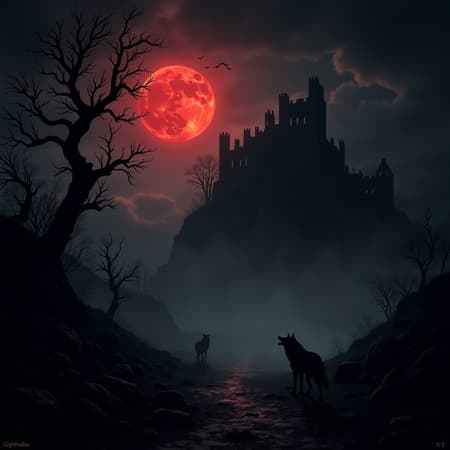 A haunting landscape bathed in the eerie glow of a blood-red moon, casting long shadows over twisted, barren trees. Dark, swirling mist creeps along the ground, partially obscuring a dilapidated, ancient castle perched precariously on a rocky hill. Ominous storm clouds gather in the distance, illuminated sporadically by flashes of lightning, revealing fleeting glimpses of winged creatures circling above. The scene is filled with an unsettling stillness, broken only by the distant howling of wolves, adding to the chilling atmosphere.