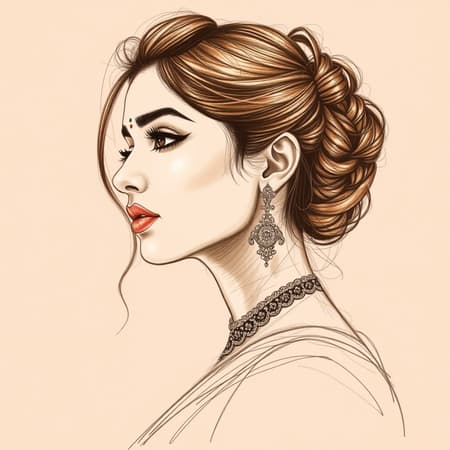 Sketch of a Bollywood Indian actress, profile view, featuring a warm tonal palette, artistically crafted with delicate and intricate details, truly breathtaking beauty, incorporating subtle creative enhancements while maintaining the essence of elegance and charm.