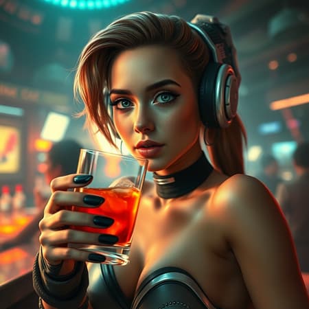 A breathtaking image of a female space warrior in an extraterrestrial bar, celebrating with a drink in hand, slightly tipsy. The scene is filled with a volumetric atmosphere and cinematic lighting that enhances the vibrant and lively setting. Her beautiful face is portrayed in exquisite detail with digital art mastery, ensuring the highest quality and resolution, featuring smooth anti-aliasing. The atmosphere is immersive and captivating, devoid of any technical flaws such as low resolution, text errors, or digital artifacts. Her anatomy is impeccably depicted, free from any distortions, extra limbs, or disfigurements. The scene is fully contained within the frame, with no tiling or out-of-frame elements. There are no distractions like watermarks, signatures, or text, ensuring the focus remains on the striking portrayal of the space soldier in this dynamic and colorful setting.