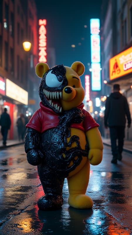 Winnie the Pooh standing on a dimly lit New York City street at night, his body partially overtaken by Venomâs black, symbiotic tendrils. His cheerful face is twisted in conflict as the symbiote creeps over his iconic red shirt and soft yellow fur, merging innocence with darkness. The wet pavement reflects neon lights from distant signs, creating an eerie yet vibrant contrast. The artwork is hyper-detailed, blending the cute, soft features of Pooh with the sinister, glossy texture of Venom, featuring sharp teeth and glowing, predatory eyes emerging from the fusion. A cinematic and gritty composition with dramatic lighting and shadows enhances the tension.
<lora:Winnie:0.9> <lora:venomizedFlux:1>  venomised <lora:aidmaMJ6.1_v0.5_3:0.7> aidmamj6.1