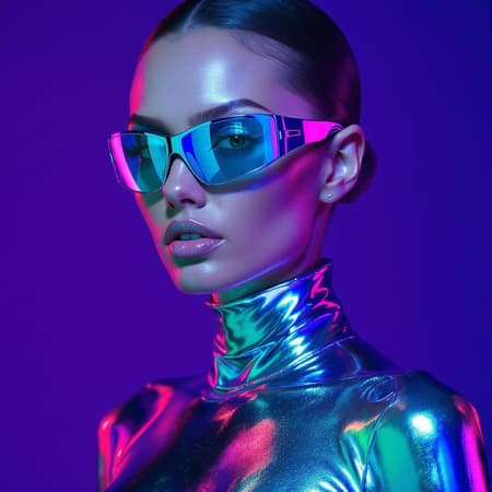 A high-fashion close-up of a woman in a daring pose, dressed in a striking, form-fitting metallic silver ensemble that catches the light like liquid mercury, futuristic mirrored sunglasses reflecting an ethereal blue, with dramatic lighting accentuating her angular features and the shimmering textures against a vibrant, electric purple background, captured in an editorial, avant-garde style.