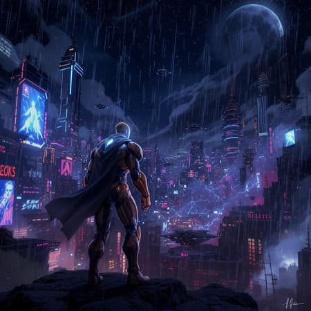 A lone cyborg hero stands defiantly at the edge of a sprawling, neon-lit metropolis, where towering skyscrapers and flickering holograms paint the night sky. Their mechanical limb glimmers under the faint light of a crescent moon, reflecting a city plagued by shadows and secrets. As the distant hum of hovercrafts fills the air, the warrior's sharp gaze pierces through the haze, ready to face the challenges and mysteries of a world teetering on the brink of chaos.