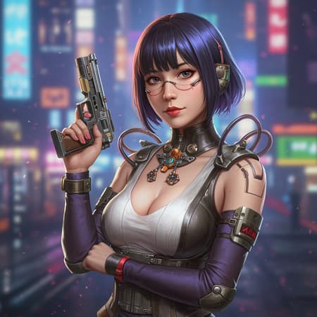 A 30-year-old Japanese woman with striking beauty, depicted in an atompunk style, her full form captured in a high angle shot with a cinematic focus, the composition centered masterfully with epic-level details showcasing her uniqueness. She stands out in a futuristic cityscape, her attire a blend of modern and retro-futuristic elements, her expression serene yet strong, embodying a blend of tradition and technological advancement in a 9:16 aspect ratio, bursting with vibrant energy and sophisticated elegance.