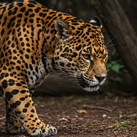 Ultra-detailed image capturing a majestic jaguar in its natural habitat, zoomed in for an intimate view, showcasing the essence of wildlife photography. Achieving a lifelike appearance with sophisticated textures and patterns on the jaguar's coat, as though captured on a Sony A7III. The scene is bathed in genuine natural lighting, ensuring clarity and depth. Frame is elongated vertically, bringing a unique perspective, while intertwining elements of surrealism to enhance the mystique of the environment.