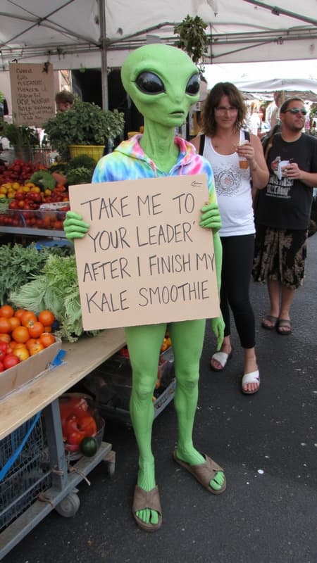 In a wide shot, a bored-looking alien of slim build with green skin and oversized black eyes stands in a farmerâs market holding a sign that reads, âTAKE ME TO YOUR LEADERâ¦ AFTER I FINISH MY KALE SMOOTHIE.â The alien is dressed in a tie-dye hoodie and Birkenstocks, blending right in with the hipsters nearby. In the background, a farmer selling organic tomatoes does a double-take, while a yoga instructor sips on kombucha, completely unfazed <lora:amateurphoto-v6-forcu:0.8>
