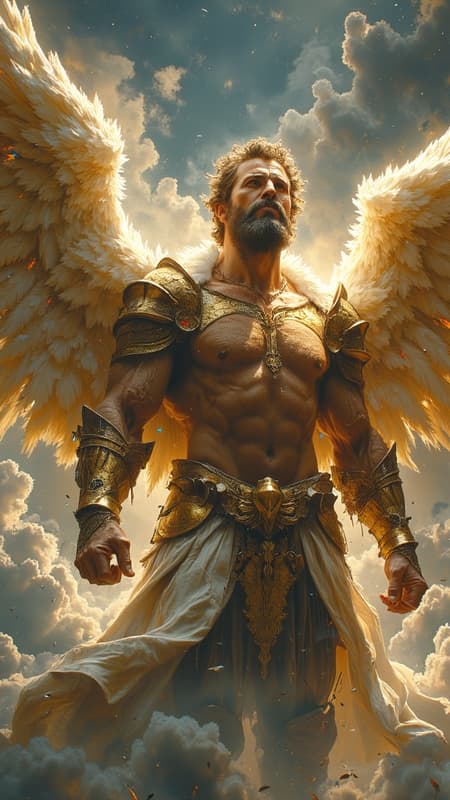 ARCHANGEL, celestial, galaxy protector, universal warrior Angel. Hypermasculine Caucasian male. Tall, muscular, sinewy, broad shoulders, broad chest, wide back, narrow waist, strong muscular legs, thick hairy forearms. Bodybuilder physique. Extremely hirsute hairy chest, abs, arms, thighs, legs {{{hirsute hairy chest and abs}}}. Dark brown hair, short length wavy fade style, cut close on sides with tousled curls on top {{{short hair}}}. Metallic golden circlet headband tied around head/brow. Strong brow, squared jaw, thick brows, handsome, masculine, rugged good looks. Clean shaven, beardless face. {{Electric blue eyes}} glowing and bright. Metallic gold pauldrons with sapphire gems on both shoulders, metallic gold bracers with sapphire accents on his hairy arms. Metallic gold harness across his hirsute hairy chest; gold ring in the middle, metallic straps on both sides of shoulders, the other two under each Pectoral. An ornate gold belt with sapphire gems around his waist. Metallic gold jockstrap, full and girthy. Metallic gold boots, up to mid calf. Enormous gold Angel wings, spread open and flying. He shines with a golden aura of light, bright as the sun. Full body pose, flying through space towards Heaven. 