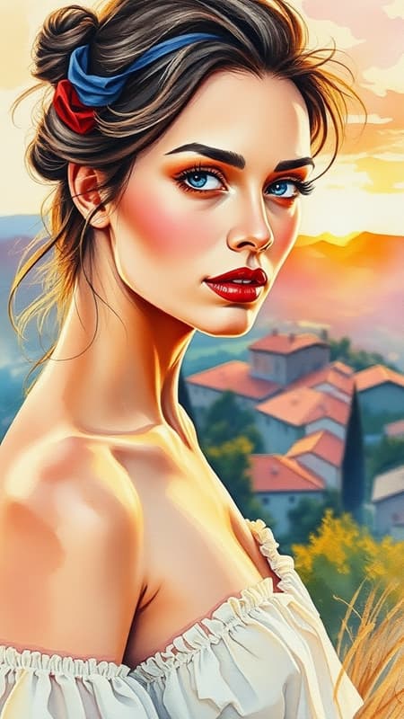 A breathtaking watercolor painting on canvas capturing the elegance of a captivating woman infused with the essence of Paul Cézanne's style, featuring the vibrant landscape of Aix-en-Provence. The piece embraces the charm of post-impressionism with impressionistic landscapes bathed in the warm glow of a sunset. Soft pastel colors intermingle to create an ethereal atmosphere, while the image is characterized by a distinctive blurred effect. Bold, exaggerated brushstrokes enhance the composition, contributing to a sense of dreamy abstraction and fluid movement.