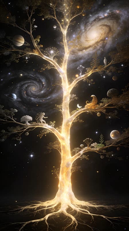 A vast cosmic scene in absolute velvety darkness, not empty but filled with silent potential, from the center a colossal tree of pure light grows upward, its roots sinking deep into the same darkness and becoming one with it, no visible boundary where root and void meet, a warm radiant trunk glowing as if it breathes, branches unfolding into spiral galaxies nebulae and countless stars, on the finest twigs new worlds life and forms emerging, the darkness is not a background but the living source from which everything grows, ethereal, sacred, cinematic, ultra detailed, immense scale, deep contrast, soft golden and white luminosity dissolving into infinite black, mystical photorealistic visionary art