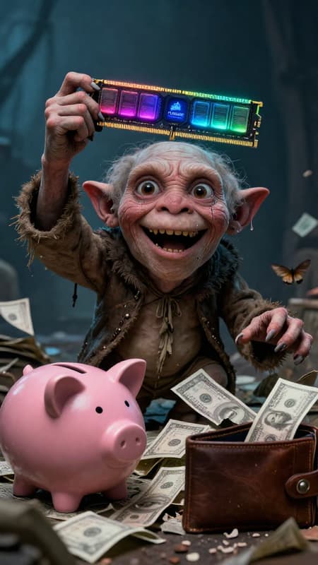 Photorealistic image of Gollum from Lord of the Rings, emerging from a pile of scattered bills and receipts, holding a glowing RGB RAM stick (Corsair branded) triumphantly above his head. His eyes are wide with joy, a single tear rolling down his cheek, and his mouth is open in a wide, gleeful smile. Surrounding him are broken pieces of a pink piggy bank, an empty brown leather wallet, and a moth flying out of the wallet. The scene is lit with a cool, slightly blue light that highlights the RGB glow, creating a dramatic and slightly melancholic mood. The overall atmosphere is chaotic yet focused on Gollum's excitement for the RAM. High detail, sharp focus.