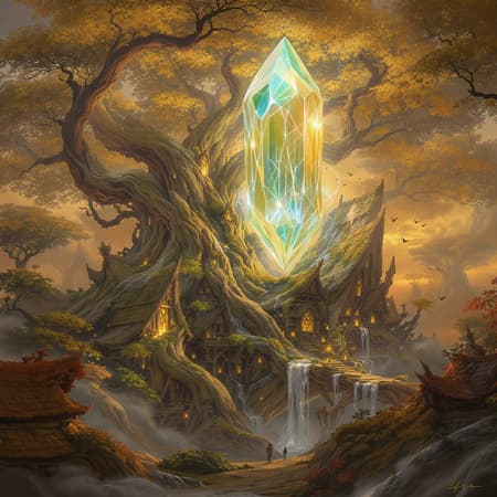 A digital painting of a fantasy city nestled within ancient, towering trees, where wooden structures intertwine with branches and leaves, evoking a medieval charm. As the sun sets, casting a golden hue across the horizon, a colossal crystal hovers above the city, pulsating with mystical light that cascades through the foliage, bathing the cityscape and forest in ethereal, warm tones. Shadows dance with the light beams, creating an enchanting aura around the wooden dwellings. Birds circle around the crystal, adding life to the serene scene.
