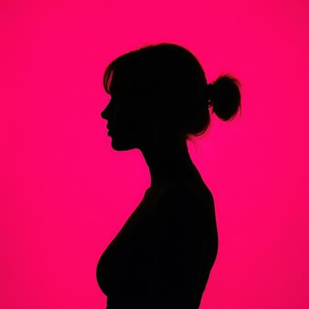 Photography portrait with a stark contrast, featuring the profile silhouette of a woman against a vivid hot pink background. Capture the image using a camera setup that emulates a large aperture, ensuring the focus is solely on the crisp edges of the silhouette. Utilize a low ISO setting to preserve the richness and vibrancy of the background color without introducing any grain. Achieve a photorealistic effect with ultra-high definition quality. The composition should follow a 9:16 aspect ratio, incorporating an element of creative unpredictability, while retaining a raw and natural style.
