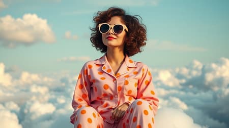A whimsical woman perched atop billowing white clouds, sporting oversized round sunglasses and a cozy pink pajama set adorned with orange polka dots, her short curly brown hair perfectly tousled, set against a pastel blue sky dotted with puffy white clouds, styled with a playful flair reminiscent of Jimmy Marble's signature touch, featuring a palette of muted pastel colors and gentle, dreamy tones.