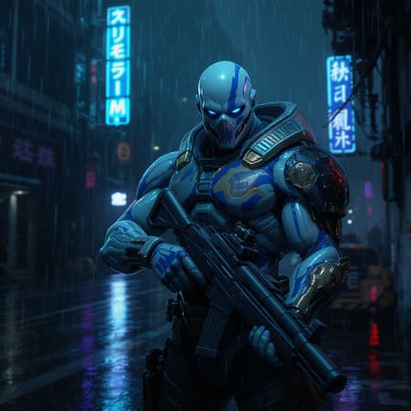 A futuristic cybernetic warrior stands stoically in a dark dystopian city, his porcelain white skin adorned with intricate blue paint and accents of gold. His bald head gleams under the dim city lights, partially concealed by a sleek, advanced mask. The environment around him is cold and unforgiving, with rain-soaked concrete reflecting his formidable presence. He grips a massive, intricate mecha machine gun reminiscent of Gears of War, exuding power and precision. The cityscape echoes a Blade Runner color palette, with deep blues and neon hues casting an eerie glow. This transhuman figure embodies the essence of a futuristic defender, merging technology and humanity in perfect harmony.