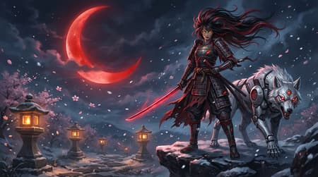A powerful female samurai warrior with flowing black and red hair, glowing yellow eyes, and battle-worn armor, stands heroically with a glowing red katana. Her companion, a fierce white cybernetic wolf with glowing red eyes, stands beside her. They are set against a dramatic night sky with a huge, ominous red moon and falling cherry blossoms and snow. The scene is illuminated by the moonlight and warm light from traditional Japanese lanterns, creating a dark, mystical, and intense mood. Digital art, epic fantasy, detailed, cinematic lighting.