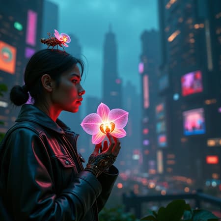 A hyper-photorealistic, cinematic master shot of a cybernetic botanist examining a bio-engineered, crystalline orchid in the heart of a bustling, multi-tiered futuristic solarpunk metropolis. In the extreme foreground, focus on the botanist's hands holding the glowing plant: one hand is entirely organic, displaying hyper-detailed skin textures, fine translucent hairs, and dark, damp soil under the fingernails; the other hand is a complex, intricate prosthetic crafted from brushed titanium, iridescent carbon fiber, and exposed, glowing micro-circuitry. The orchid itself is a marvel of futuristic genetic engineering, featuring translucent, glass-like petals that pulse with a soft, bioluminescent teal and magenta light, casting caustic light refractions onto the botanist’s skin and metal plating. In the midground, the botanist’s face is bathed in the warm, colorful glow of the flower. The portraiture must be flawlessly photorealistic: visible pores, a slight sheen of ambient moisture, micro-expressions of quiet awe, and cybernetically augmented irises that feature intricate, glowing geometric mandala patterns. They are wearing a deeply textured, heavy coat composed of weathered synthetic leather seamlessly woven with glowing, shifting optical fibers. Orbiting their shoulders is a tiny, levitating utility drone with a deeply scratched, oxidized copper chassis and a single, glowing red sensor eye, visibly scanning the delicate plant. The background falls into a beautiful, creamy bokeh, showcasing a deep, atmospheric vista of a towering vertical neo-city. Massive, gleaming skyscrapers made of obsidian glass are intricately intertwined with colossal, genetically modified glowing vines. Sleek flying vehicles streak across the smog-tinged, twilight sky, leaving trails of blue plasma condensation. Massive holographic advertisements in a futuristic, angular typography float in the dense, humid air, casting vibrant neon reflections—electric blue, hot pink, and atomic green—onto the rain-slicked, metallic cobblestones of the busy street below. Volumetric fog and cinematic light shafts pierce through the dense, towering architecture. Shot on ARRI Alexa 65, 85mm Zeiss Master Prime lens, f/1.2 aperture for a dramatic shallow depth of field. 8k resolution, extreme micro-details, absolute photorealism, ray-traced reflections in the wet pavement, vivid high dynamic range, masterpiece of futuristic sci-fi photography.