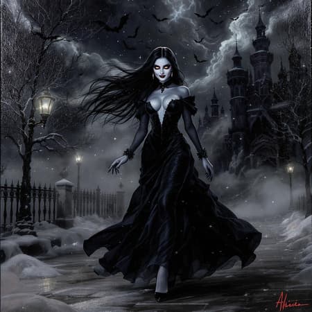 A stunning vampire woman walking through a Victorian city in winter, showcasing her elegance with manicured black fingernails and long, flowing hair. Her detailed, symmetrical face is framed by bangs and highlighted by her open-mouth smile and reflective eyes, enhanced with mascara and makeup. She is surrounded by dust particles in the air, caught in a dramatic chiaroscuro lighting that emphasizes her black vampire dress and high heels. The scene is set against a gothic castle, under a night sky filled with bats, stars, and dark clouds. This majestic impressionism oil painting is inspired by masters like Waterhouse, John Constable, Ed Blinkey, and features influences from Studio Ghibli, Jeremy Mann, Greg Manchess, Antonio Moro, and Makoto Shinkai. The painting is trending on ArtStation and CGSociety, embodying an intricate, high-detail aesthetic. The composition captures a blend of classic and modern artistic styles, with a focus on drama and depth.