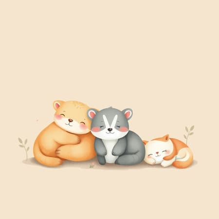 Create a charming illustration showcasing cute animals at rest, emphasizing tranquility and mindfulness with a watercolor effect. Use a soothing pastel color palette and a soft khaki-toned background to evoke relaxation and serenity.