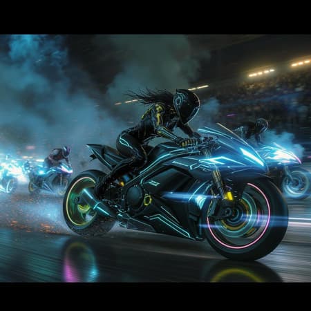 Cinematic ultra-wide still RAW image of a cyber-enhanced biker named Zzz racing her battle bike. She is clad in a sleek black skin-tight latex jumpsuit adorned with intricate implants. Leaning aggressively forward, she rides a streamlined futuristic battle bike, participating in a dynamic race within a smoky bike battle arena. The atmosphere is charged with energy as a throng of fellow cyber bikers vigorously pursue her, the scene captured with motion blur and cinematic lighting. This extreme wide shot exudes hyper-realism and hyper-detail with a distinct cyberpunk aesthetic, echoing early 2000s stylistic influences, imagined as though shot by the Wachowskis. The image is devoid of mockup elements, ensuring precise anatomy and frame without any text, signatures, watermarks, usernames, low resolution issues, worst quality, jpeg artefacts, or accidental blurs. The framing is meticulous, capturing the essence of action and speed in a hyper-futuristic world.