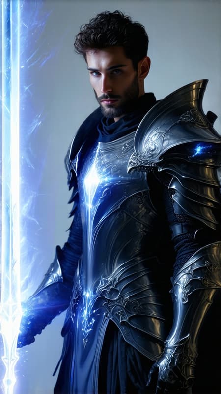 Sci-Fi, Futuristic Super-hero , Christian mystic, modern-day Knight/warrior. He lives in an ultra-futuristic society, but he can see dark forces that most people don't, and he has the power and might to fight against them! He can do everything a wizard does, but it's his faith in God that empowers him. He is invulnerable to most harm, and he carries a long golden glaive with a huge shining white gem. This gem shines with holy light and drives away shadows and demons, or destroy them if needed. It also has a sharp tip that he can use as a weapon like a spear.
Tall, strong, muscular, wide shouldered, broad backed, narrow waist, sinewy, hairy chest and legs. Caucasian male of Mediterranean descent, short curly black hair cut extremely short on the sides and back. He wears a thick silver circlet around his head. Strong brow and jaw, intense Hazel eyes. Full well-trimmed beard and mustache. Shiny silver pauldrons on shoulders, shiny silver armor- chestplate and abs, a white diamond Cross on the chestplate, a Star-of-Bethlahem in white crystal embedded within the Cross. He has glowing red glyphs on his armor. He is shirtless under his armor. Scarlet red pants with shiny silver thigh and shin guards on the legs, metallic silver boots to complete the armor. There are red glyphs on the boots. Long Scarlet wizard's cape with thick silver trim around the edges, Christian symbols of protection embedded within the silver trim. His arms are bare, but he does wear silver gloves with shiny red bracers on his arms. Full body pose, arm with glaive raised in defiance, hair under his arm visible and thick. Sci-Fi, Futuristic Super-hero , Christian mystic, modern-day Knight/warrior. He lives in an ultra-futuristic society, but he can see dark forces that most people don't, and he has the power and might to fight against them! He can do everything a wizard does, but it's his faith in God that empowers him. He is invulnerable to most harm, and he carries a long golden glaive with a huge shining white gem. This gem shines with holy light and drives away shadows and demons, or destroy them if needed. It also has a sharp tip that he can use as a weapon like a spear.
Tall, strong, muscular, wide shouldered, broad backed, narrow waist, sinewy, hairy chest and legs. Caucasian male of Mediterranean descent, short curly black hair cut extremely short on the sides and back. He wears a thick silver circlet around his head. Strong brow and jaw, intense Hazel eyes. Full well-trimmed beard and mustache. Shiny silver pauldrons on shoulders, shiny silver armor- chestplate and abs, a white diamond Cross on the chestplate, a Star-of-Bethlahem in white crystal embedded within the Cross. He has glowing red glyphs on his armor. He is shirtless under his armor. Scarlet red pants with shiny silver thigh and shin guards on the legs, metallic silver boots to complete the armor. There are red glyphs on the boots. Long Scarlet wizard's cape with thick silver trim around the edges, Christian symbols of protection embedded within the silver trim. His arms are bare, but he does wear silver gloves with shiny red bracers on his arms. Full body pose, arm with glaive raised in defiance, hair under his arm visible and thick.