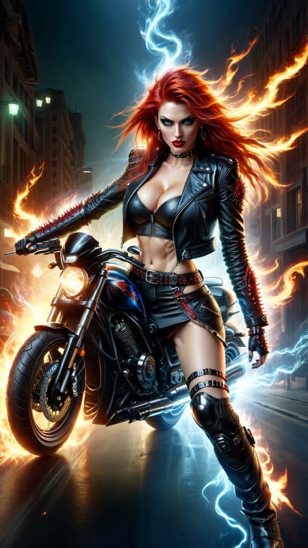 young woman, female. Heavy Metal biker Chick,  also super-hero.  Long, wild flaming red hair swept back on one side. Jade green eyes, Ruby red lips. Pretty, model girl, athletic, tall, busty. Black leather jacket, studded leather bracelets on arms. Black leather mini-skirt, studded leather belt. Long legs, thigh high stiletto-heeled black leather boots.  Red energy/fire from right hand/fist, blue energy/fire from left hand/fist.  Full body pose. She always has a Harley motorcycle somewhere close by, high powered and lights on. 