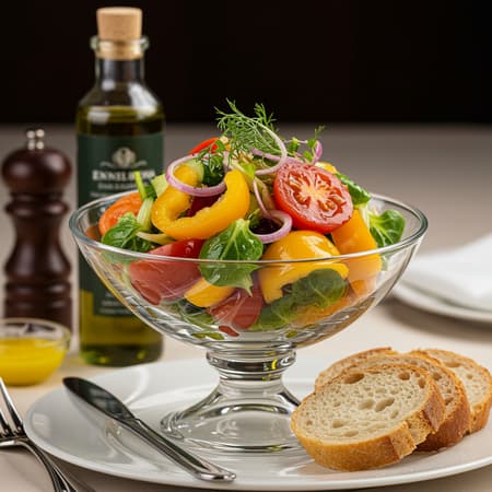 A vibrant medley of fresh vegetable salad in an elegant crystal glass bowl, drizzled with premium olive oil and accompanied by artisanal bread, presented in a lavish Michelin-quality kitchen setting. Captured with studio lighting, highlighting intricate details and textures, the scene is enhanced by a shallow depth of field and soft uplighting, emphasizing the natural beauty and rich colors of the ingredients in a close-up view.