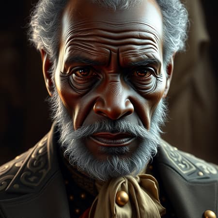 A detailed digital art painting of a seasoned 19th-century African elder with distinguished mutton chops, clad in an intricately designed Victorian jacket. His weathered face tells a story of resilience, captured with cinematic lighting that highlights his deep-set eyes and strong features, evoking a sense of fantasy and adventure. Inspired by the style of Greg Rutkowski, the composition offers a close-up view that emphasizes the textures and nuances of his expression, blending historical elegance with a touch of imaginative artistry.