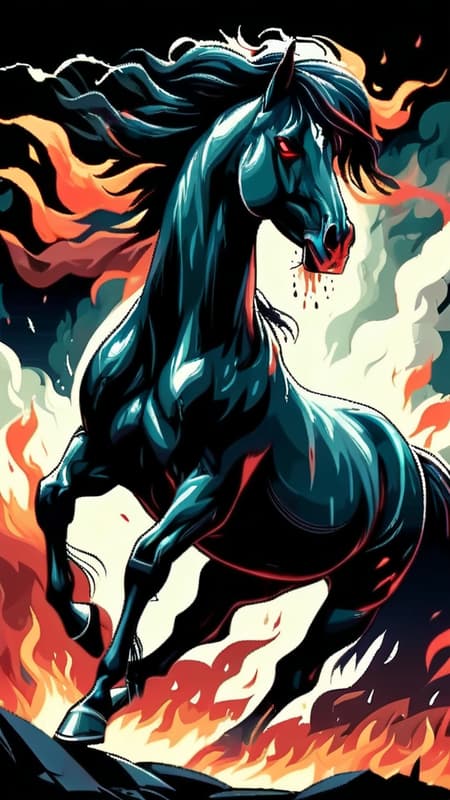 An actual Nightmare, a horse from the Netherworld. A horse with a jet-black coat, wild flowing mane and glowing red eyes. Sometimes there is smoke or flames coming from its nostrils. Sometimes it appears to be made of black smoke or darkness. It only rides around at night, and disappears at daylight. It has a beautiful but frightening visage, and anyone seen riding one of these creatures is usually not good or trustworthy, they only let evil beings ride them-- if they let anyone ride at all. 