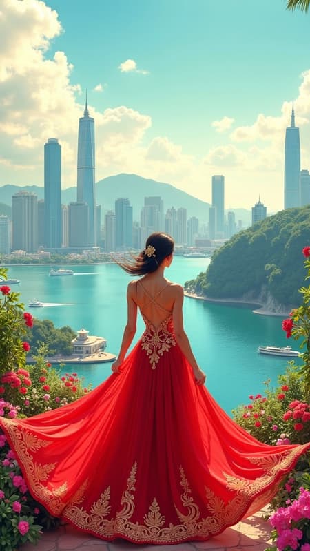 Illustration of a stunning cityscape with towering skyscrapers set against lush islands, painted in vibrant colors under a sunlit sky. In the foreground, a graceful woman dons a red dress adorned with intricate gold embellishments, reflecting a maximalist style. The scene unfolds in a beautifully windy garden, dotted with vivid flowers, captured through a circular perspective that enhances its cinematic quality. This piece is designed to capture attention on art platforms, showcasing a blend of urban beauty and nature's elegance. The composition is impeccable, ensuring clarity and precision in every detail.