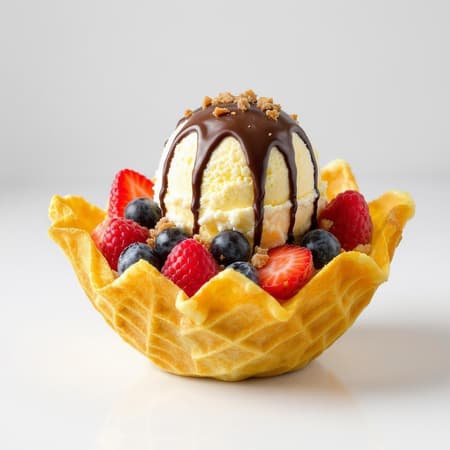 A scoop of creamy, luscious ice cream nestled in a golden, half-moon waffle bowl, adorned with an array of fresh, juicy berries and drizzled with rich, velvety chocolate sauce, dotted with crunchy caramel shards. A scoop of creamy, luscious ice cream nestled in a golden, half-moon waffle bowl, adorned with an array of fresh, juicy berries and drizzled with rich, velvety chocolate sauce, dotted with crunchy caramel shards.