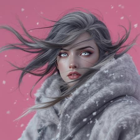 Winds of Winter, a natural scene with striking grey eyes, hyper detailed digital art capturing the essence of trending ArtStation pieces, features cinematic lighting and studio quality smooth rendering. Unreal Engine 5 brings the subject to life, caught in flight with hair cascading wildly in all directions. The backdrop is a stunning pink, beautifully rendered with Octane, evoking art styles reminiscent of Klimt, Nixeu, Ian Spriggs, WLOP, and Krenz Cushart, subtly infused with creative nuances while preserving the core vision.