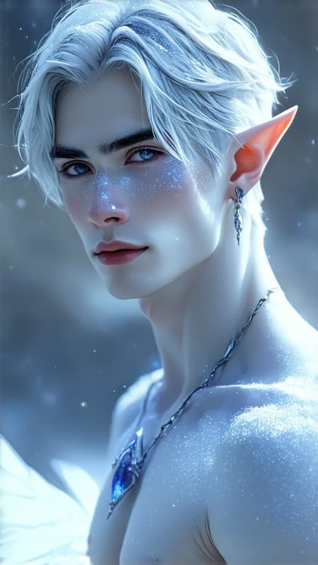 Faerie and Fantasy, The Dreaming. Elf. Moon Elf, pale white elf. Hypermasculine male. Short, stocky, wide shouldered, broad chested, narrow waist, sinewy, well defined. Strong, muscular. Pale white skin the color of snow, dusted in glittery moondust. Short length dark indigo-blue hair, short on sides and spiky on top. {{{SHORT HAIR, INDIGO BLUE HAIR}}}. Sparkling silver eyes, playful and cheery. Handsome rugged masculine face, strong brow and chin, cleft in chin. Indigo-Blue soul-patch on face below bottom lip. Sharp Elf ears. His skin is dusted in silvery glitter. Silver talisman with crystal quartz pendant around his neck. Navy blue sleeveless shirt unbuttoned to navel, revealing his chest. Silver arm bands above his biceps, silver earring in left ear, along with silver ear cuffs. Black leather fingerless gloves, black leather bracers on arms. Black leather belt around waist, silver and sapphire belt buckle. Navy blue rangers pants/tights, form fitting and smooth over powerful legs and bulge in groin. Soft gray boots, knee-high and slouchy/supple bucket boots. He holds a golden magical bow. He has a soft, silvery aura under moonlight, signifying elven magic. Full body pose, he is the archer, the Dream Archer. Faerie and Fantasy, The Dreaming. Elf. Moon Elf, pale white elf. Hypermasculine male. Short, stocky, wide shouldered, broad chested, narrow waist, sinewy, well defined. Strong, muscular. Pale white skin the color of snow, dusted in glittery moondust. Short length dark indigo-blue hair, short on sides and spiky on top. {{{SHORT HAIR, INDIGO BLUE HAIR}}}. Sparkling silver eyes, playful and cheery. Handsome rugged masculine face, strong brow and chin, cleft in chin. Indigo-Blue soul-patch on face below bottom lip. Sharp Elf ears. His skin is dusted in silvery glitter. Silver talisman with crystal quartz pendant around his neck. Navy blue sleeveless shirt unbuttoned to navel, revealing his chest. Silver arm bands above his biceps, silver earring in left ear, along with silver ear cuffs. Black leather fingerless gloves, black leather bracers on arms. Black leather belt around waist, silver and sapphire belt buckle. Navy blue rangers pants/tights, form fitting and smooth over powerful legs and bulge in groin. Soft gray boots, knee-high and slouchy/supple bucket boots. He holds a golden magical bow. He has a soft, silvery aura under moonlight, signifying elven magic. Full body pose, he is the archer, the Dream Archer.