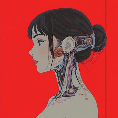 A stunning woman with robotic elements, showcasing a closeup of her face and neck, where intricate circuitry blends seamlessly with her skin. The design features sleek lines and minimalistic details, set against a bold red background, embodying a futuristic, cyberpunk aesthetic. Portrayed in profile, the composition utilizes a 2D flat style with a palette dominated by red hues. The overall feel is reminiscent of Studio Ghibli's iconic animation, yet carries a unique twist, integrating soft, organic touches into the technological theme.